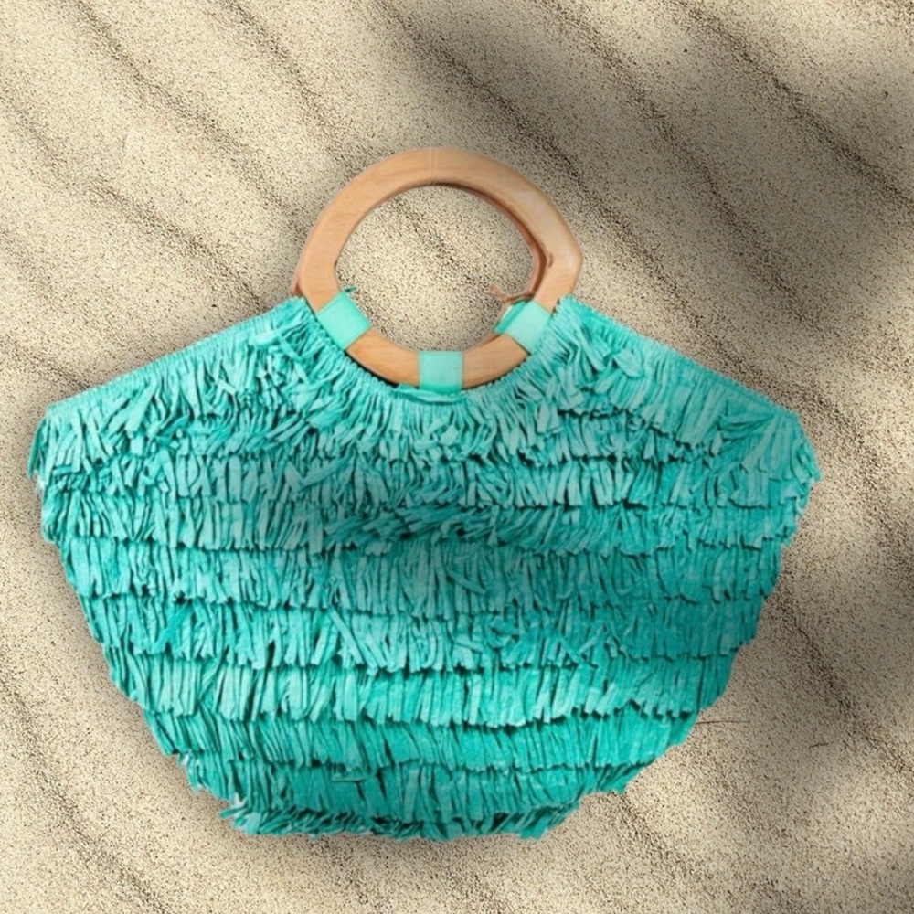 Turquoise Fringe Handbag with Wooden Handles